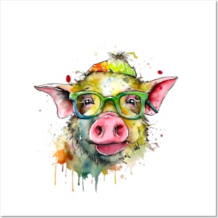 funny pig with glasses Posters and Art